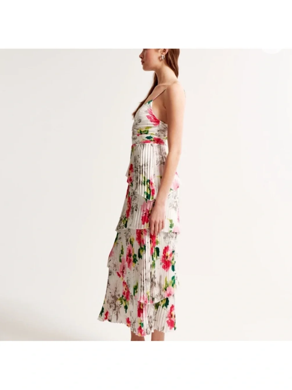 Abercrombie & Fitch White Floral Pleated Tiered Midi Dress - Picture 4 of 4
